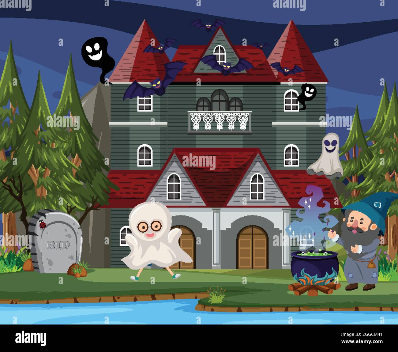 Scene with halloween haunted mansion at night illustration Stock Vector ...