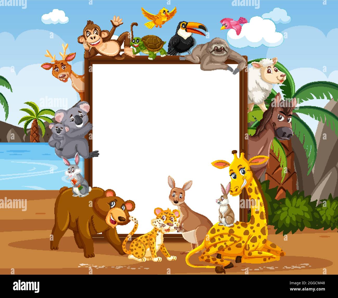 Empty wooden frame with various wild animals in the forest illustration ...