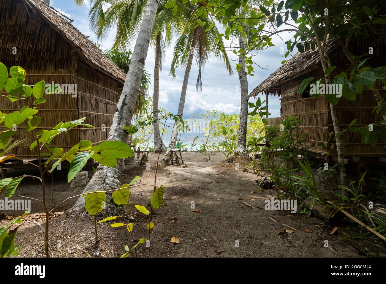 Small traditionally built huts among palm trees near a tropical beach on Gam Island, Raja Ampat, Indonesia Stock Photo