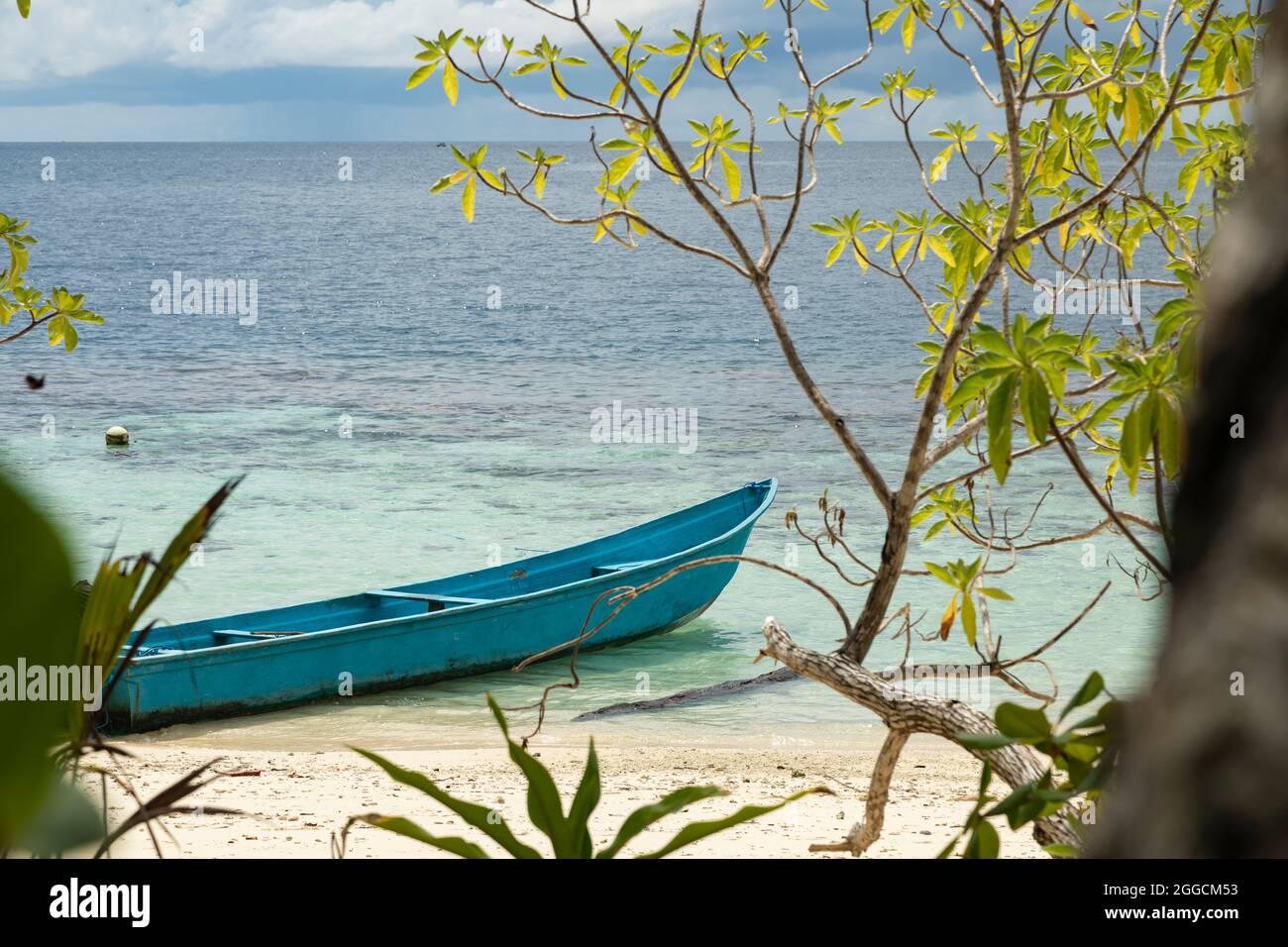 A blue painted wooden motor boat moored in front of a tropical beach on Gam Island, Raja Ampat, Indonesia Stock Photo