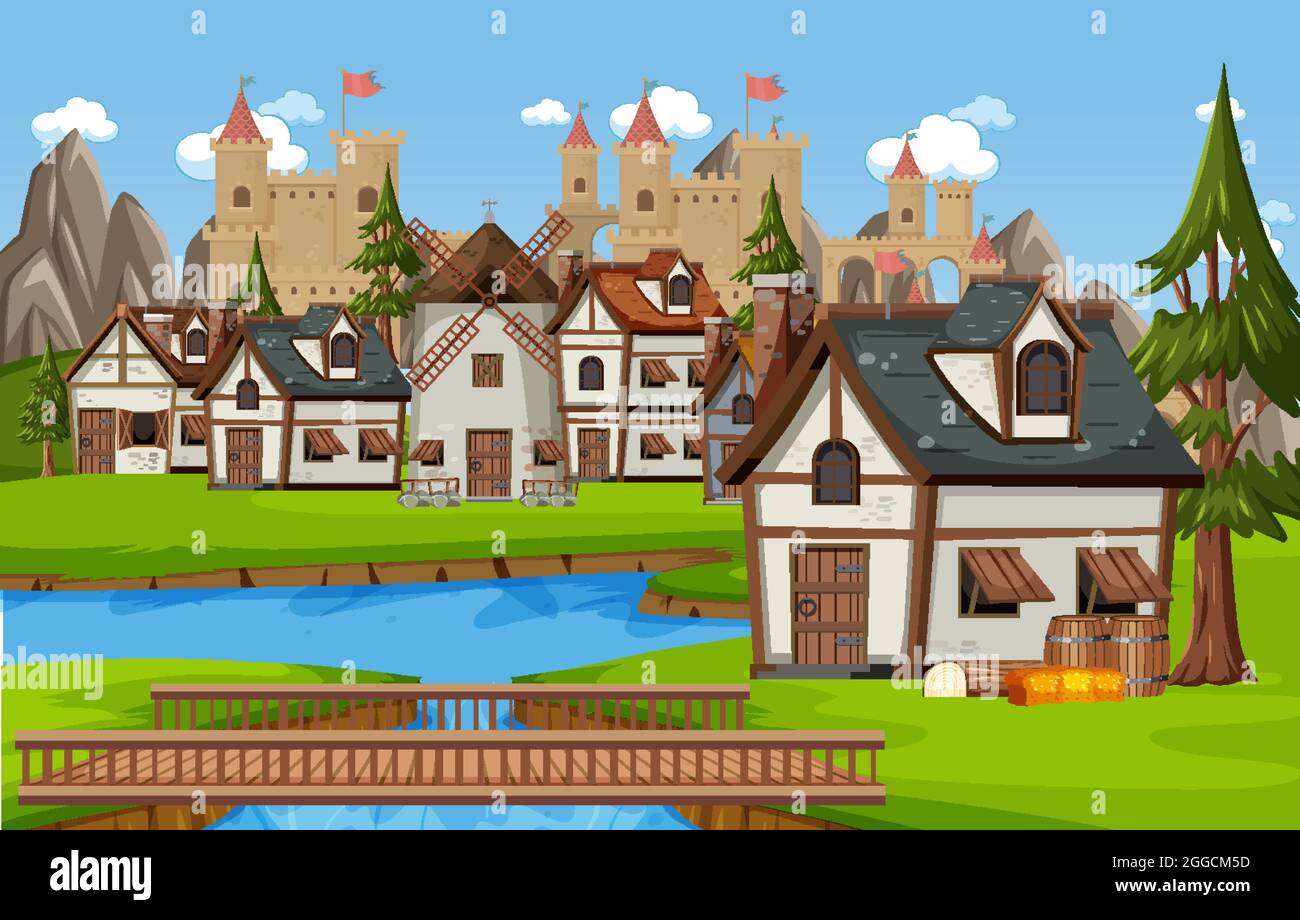 Medieval village scene with castle background illustration Stock Vector Image & Art - Alamy Medieval village scene with castle background illustration Stock Vector Image & Art - Alamy