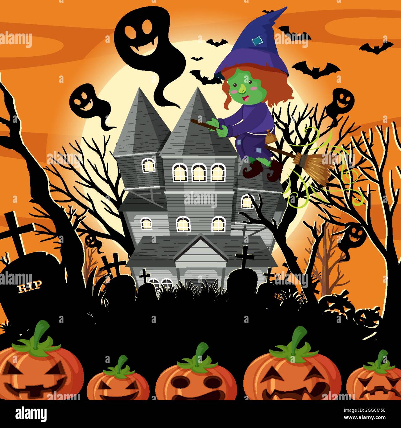 Haunted halloween mansion at night illustration Stock Vector Image ...