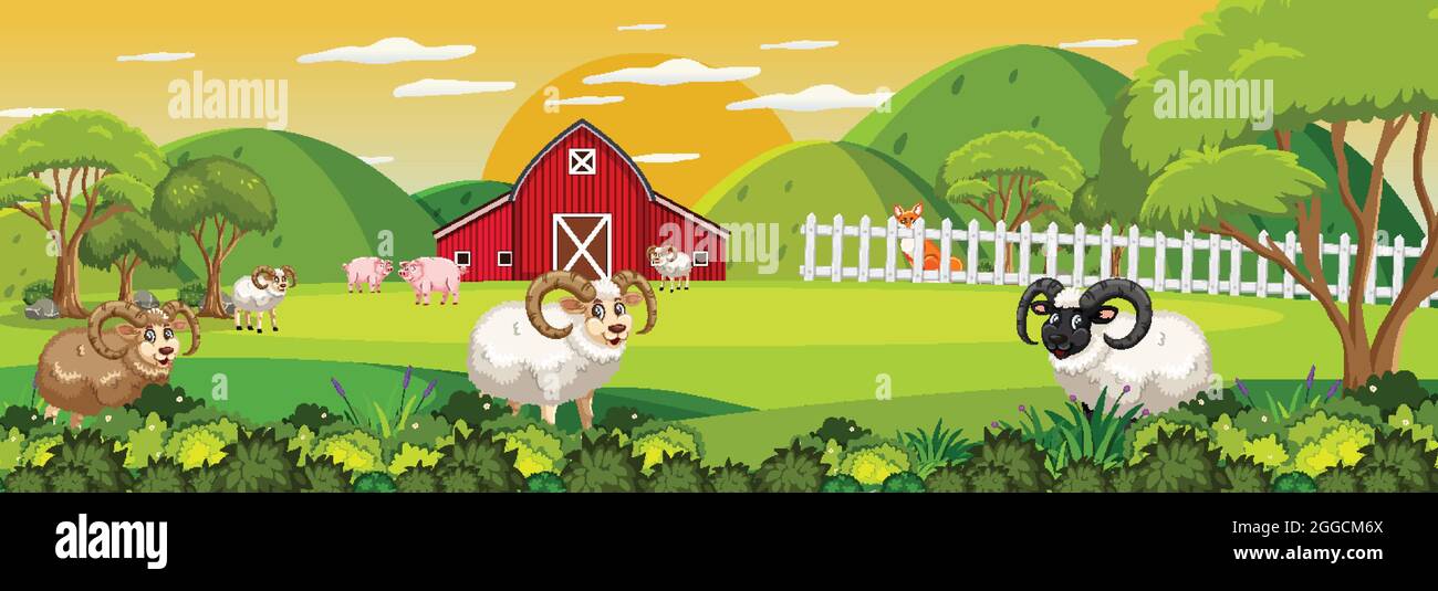 Farm horizontal landscape scene with many sheeps illustration Stock ...