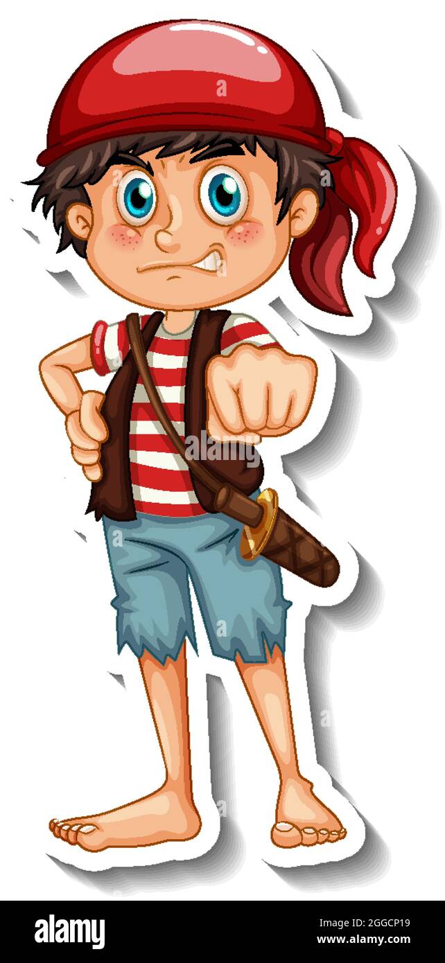 Sticker template with a pirate boy cartoon character isolated