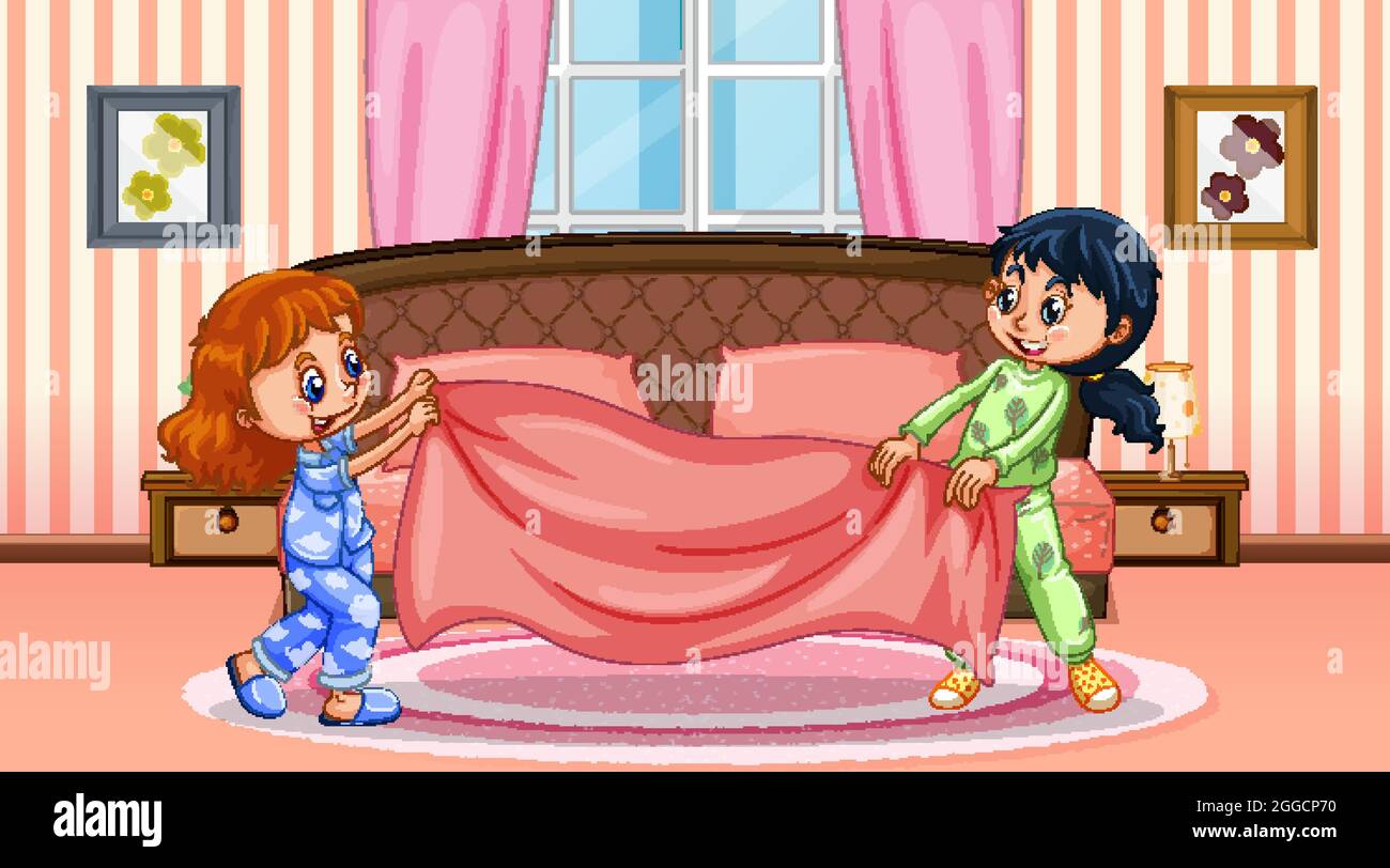 Two girls cartoon character in the bedroom scene illustration Stock Vector  Image & Art - Alamy