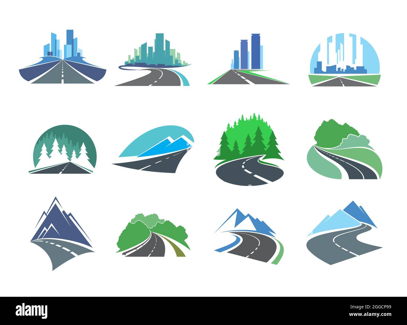 Highway road, driveway or freeway icons with city skyline, forest and ...