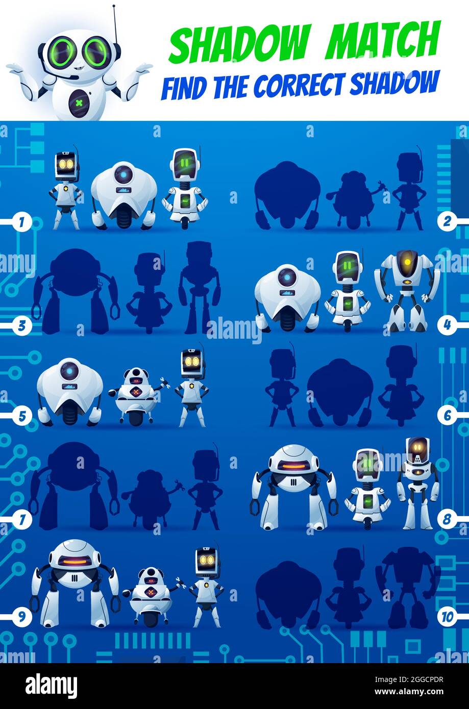 Shadow match kids game, funny robots on motherboard. Find correct ...