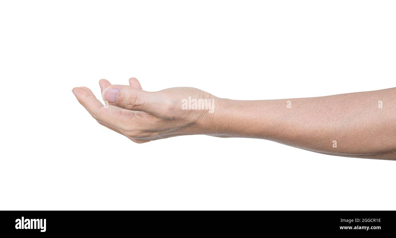 Man hand open palm up to help or receive. Isolated on white background with clipping path. Stock Photo