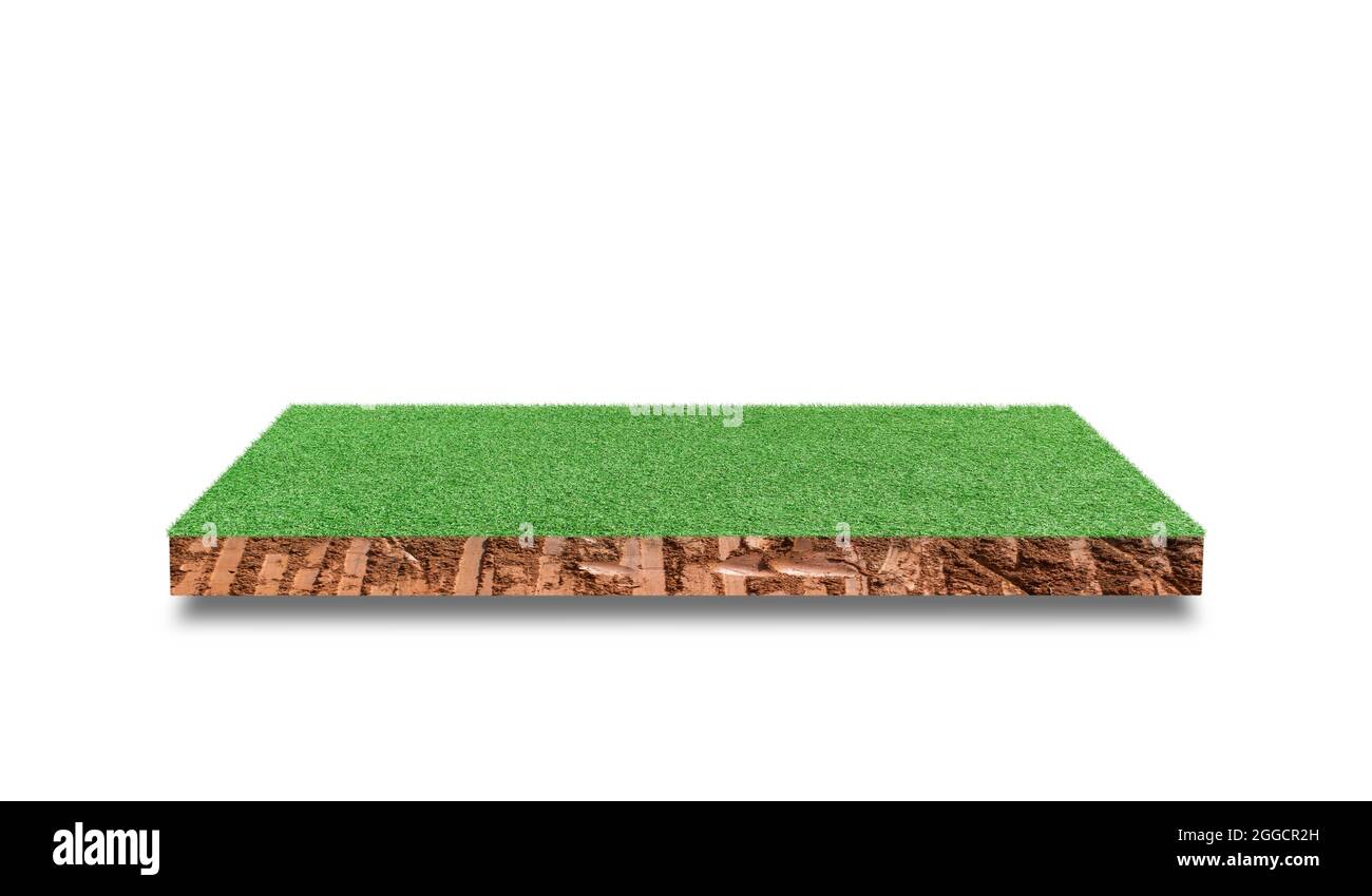 Soil cubic cross section with green grass field isolated on white ...