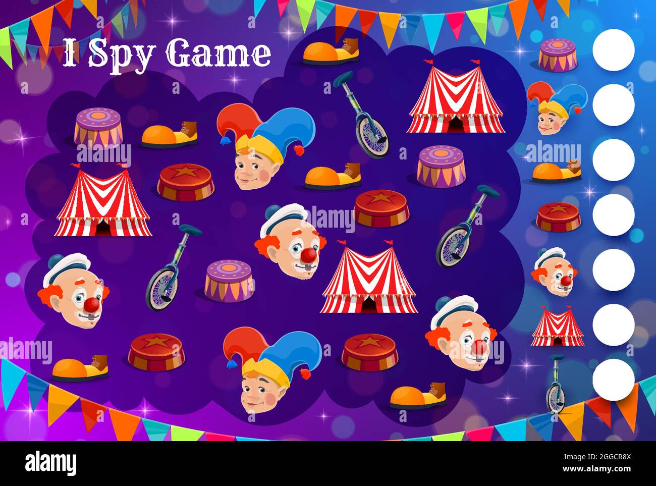 Kids spy game with shapito circus characters and items. Vector ...