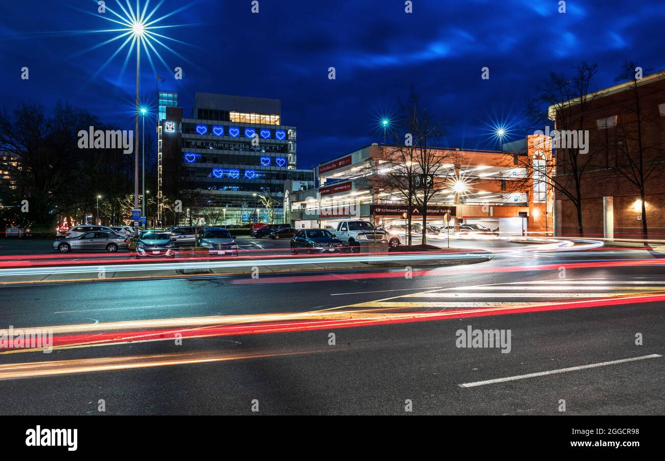 RICHMOND, CANADA - DECEMBER 06, 2020: Long exposure photography of cars motion during christmas time. Stock Photo