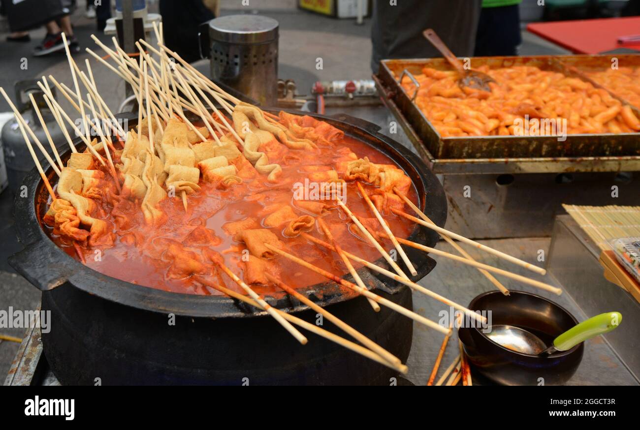 Street food vendors at the popular shopping district of Myeongdong