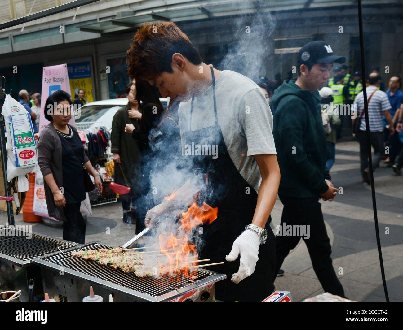 Street food vendors at the popular shopping district of Myeongdong