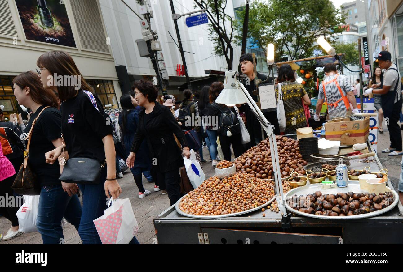 Street food vendors at the popular shopping district of Myeongdong