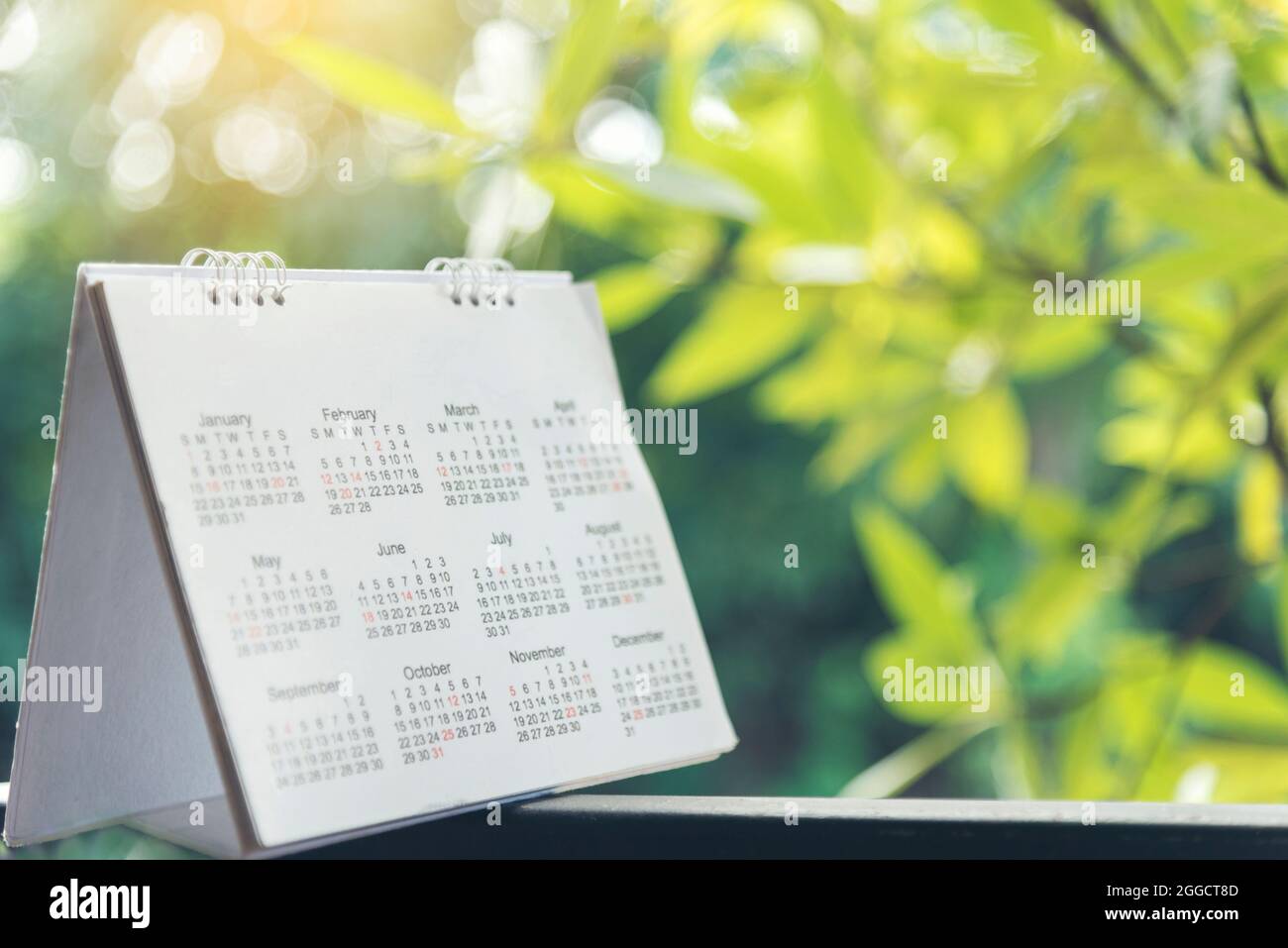 2019 Calendar Event Planner. Close up on calendar on desk with bokeh and sun light as a background with copy space. Schedule using calendar set timeta Stock Photo