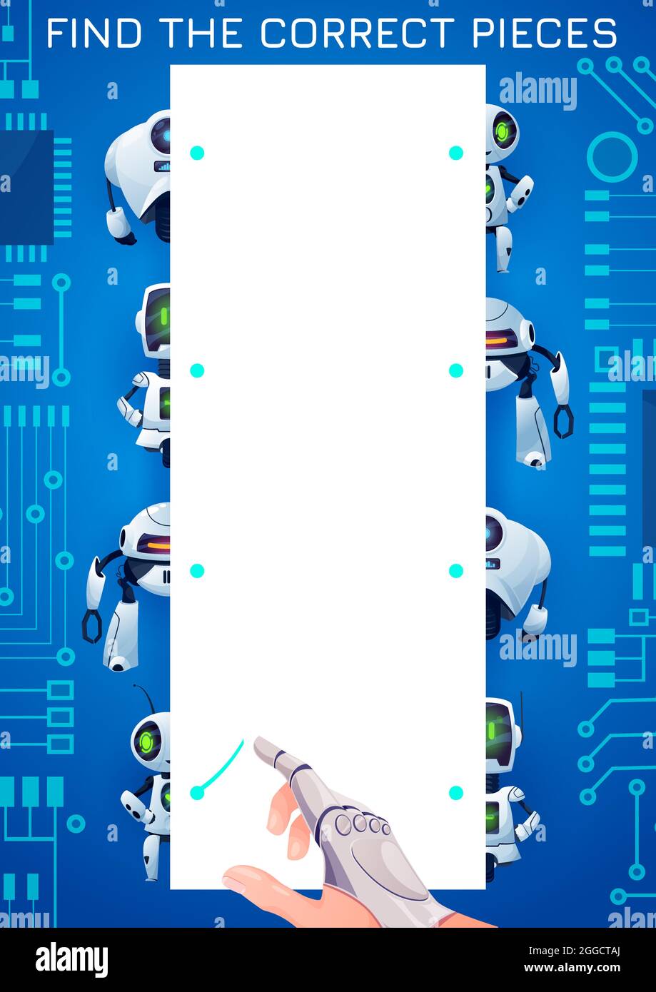 Find the piece of robot kids maze game. Match the halves vector test with cartoon cyborgs, androids, ai bots and human hand with bionic prosthesis. Ri Stock Vector
