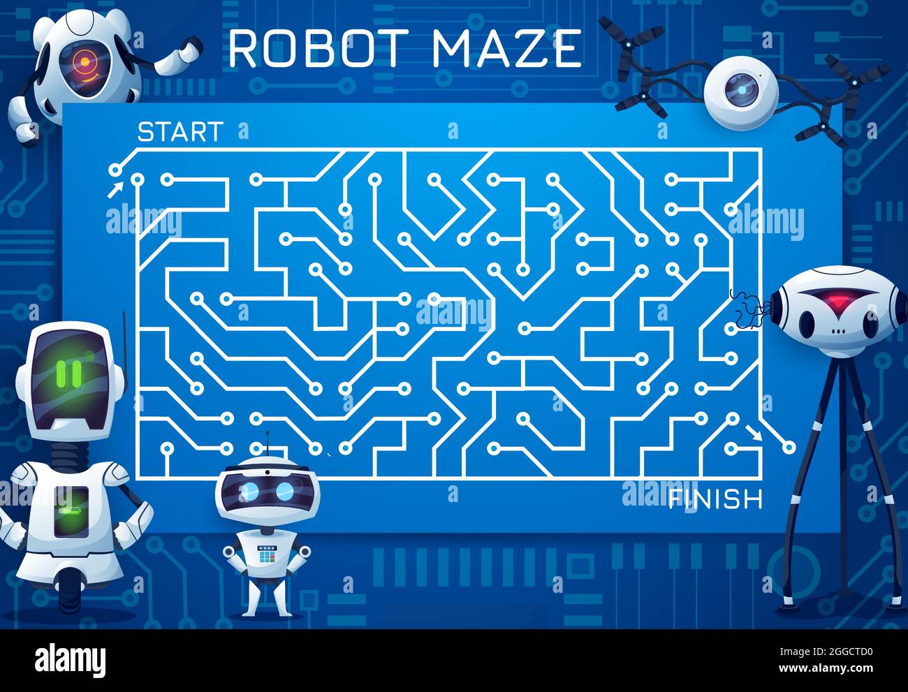 Labyrinth maze game with motherboard and robots. Cartoon kids vector boardgame, find correct way test with ai bots, cyborgs, drones and androids. Work Stock Vector