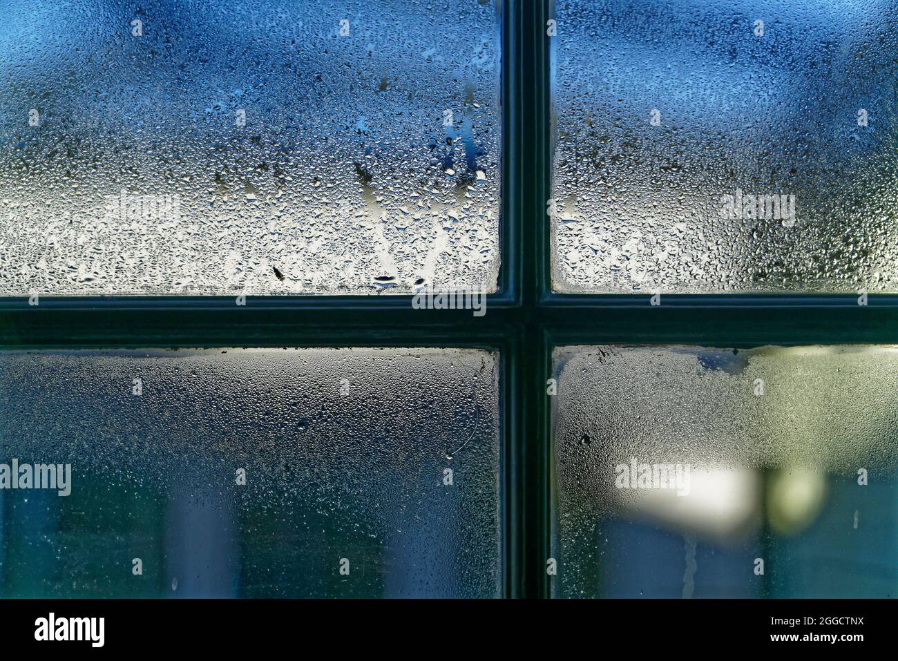 Condensation on the inside of a window in a cold damp house. Stock Photo