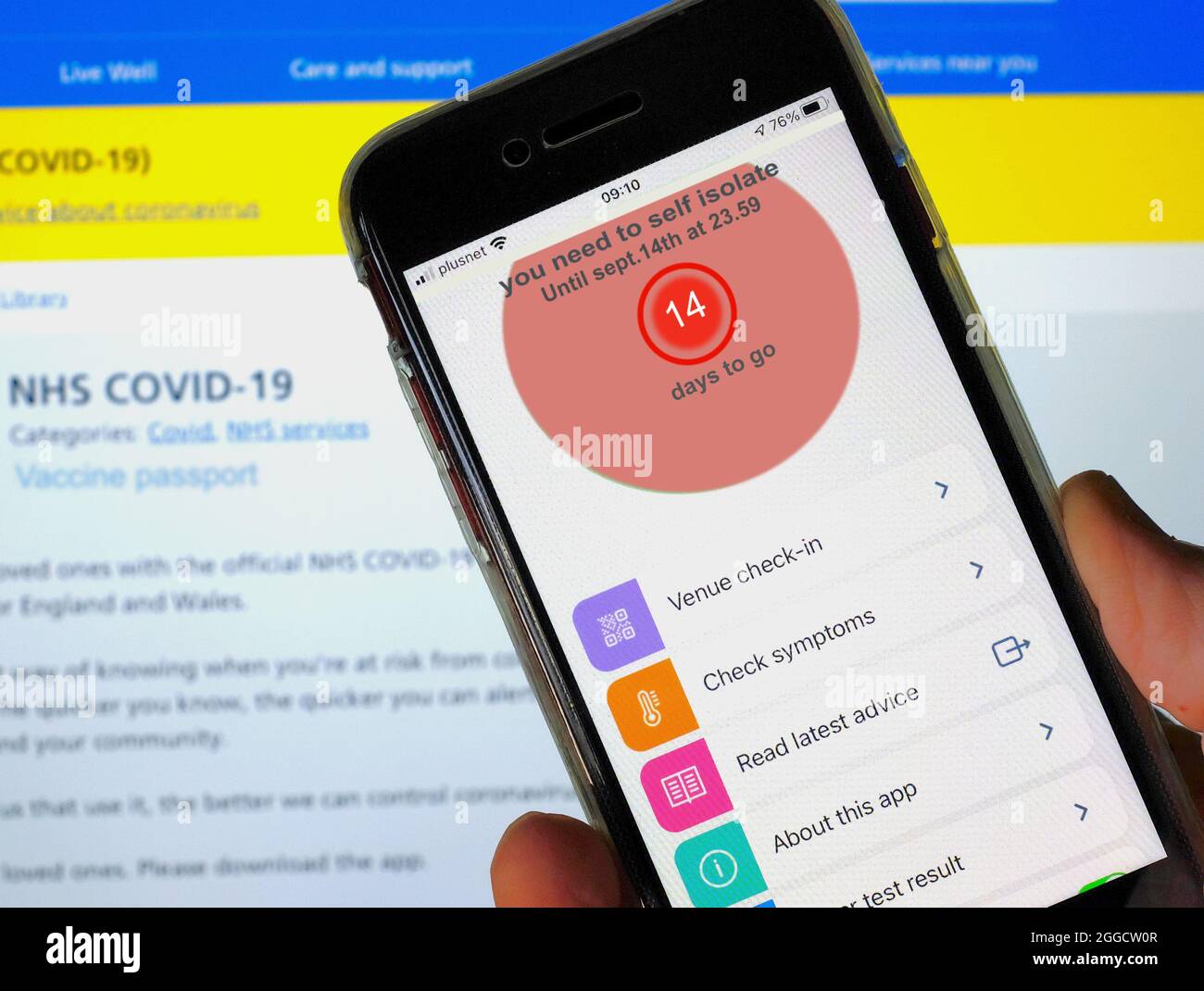 The UK NHS Track and trace app warning you that you have been near someone with covid and must isolate for 14 days. Stock Photo