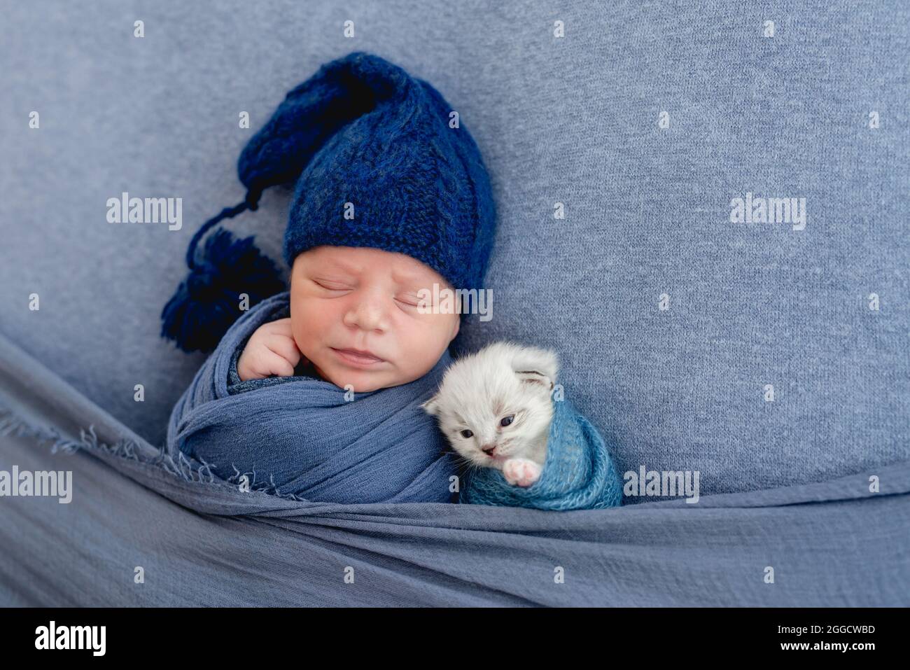 Newborn sleeping with kitten Stock Photo Alamy