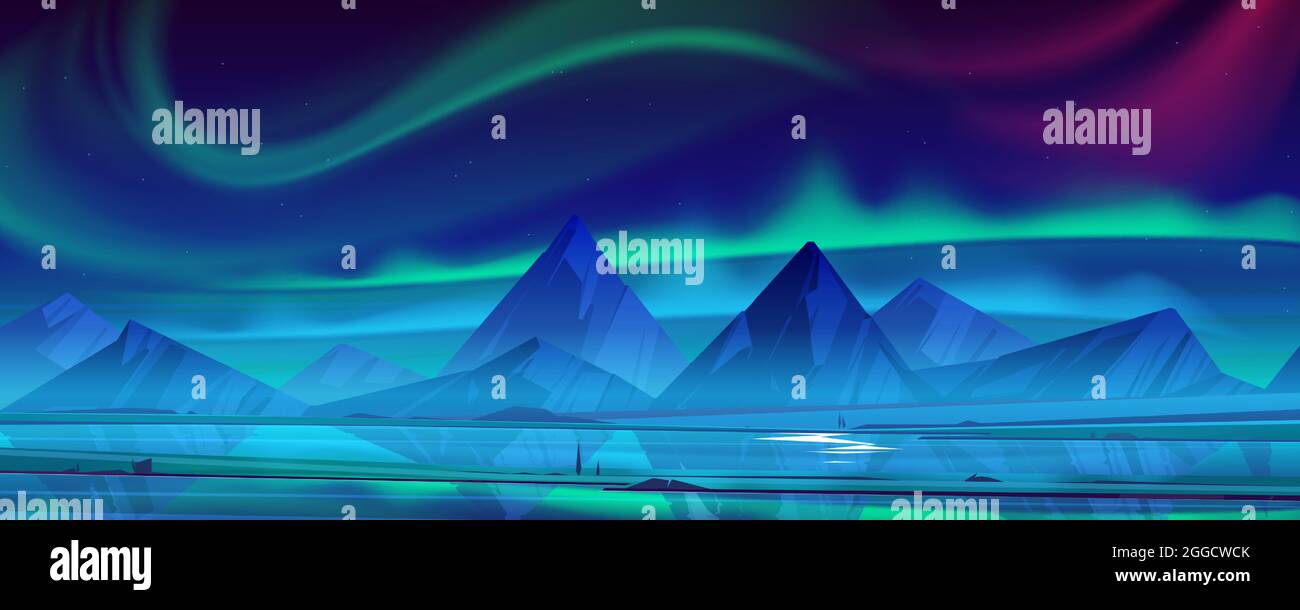 Night landscape with aurora borealis in sky, river and mountains on horizon. Vector cartoon illustration of green and pink northern lights and stars in winter sky above nordic rocks Stock Vector