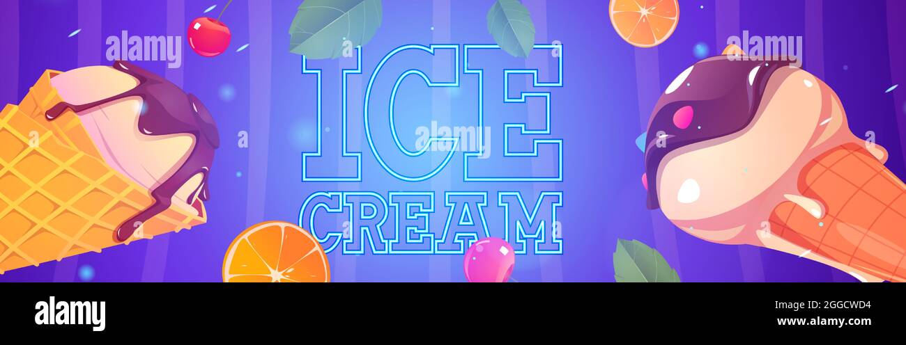 Ice cream cartoon ad banner, icecream in waffle cones with chocolate topping, scatter fruit pieces, berries, tree leaves, neon glowing signboard for street food store, summer food, Vector illustration Stock Vector