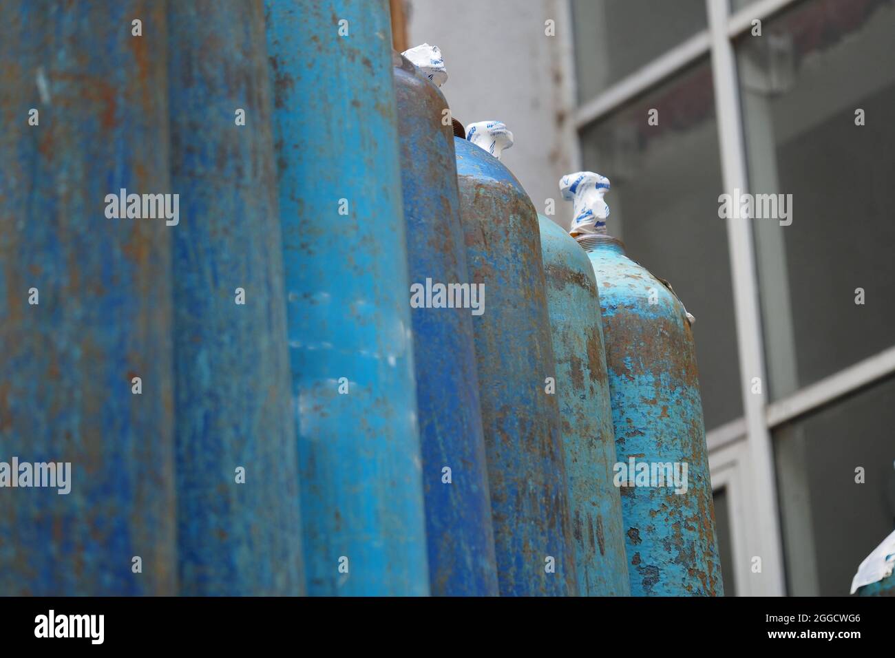 Blue cylinders with liquid oxygen for medical institutions. High quality photo Stock Photo