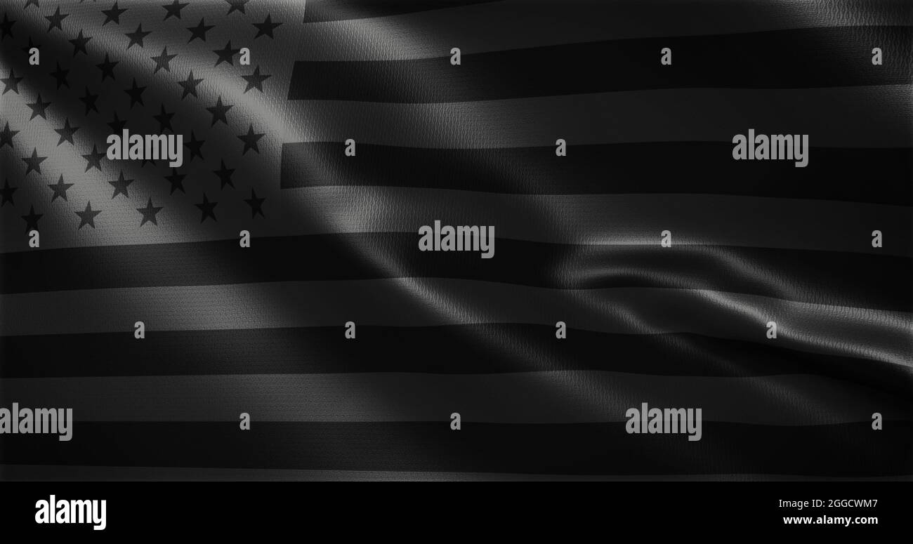 All black American Flag, All black USA flag with waving folds, close up view, 3D rendering Stock