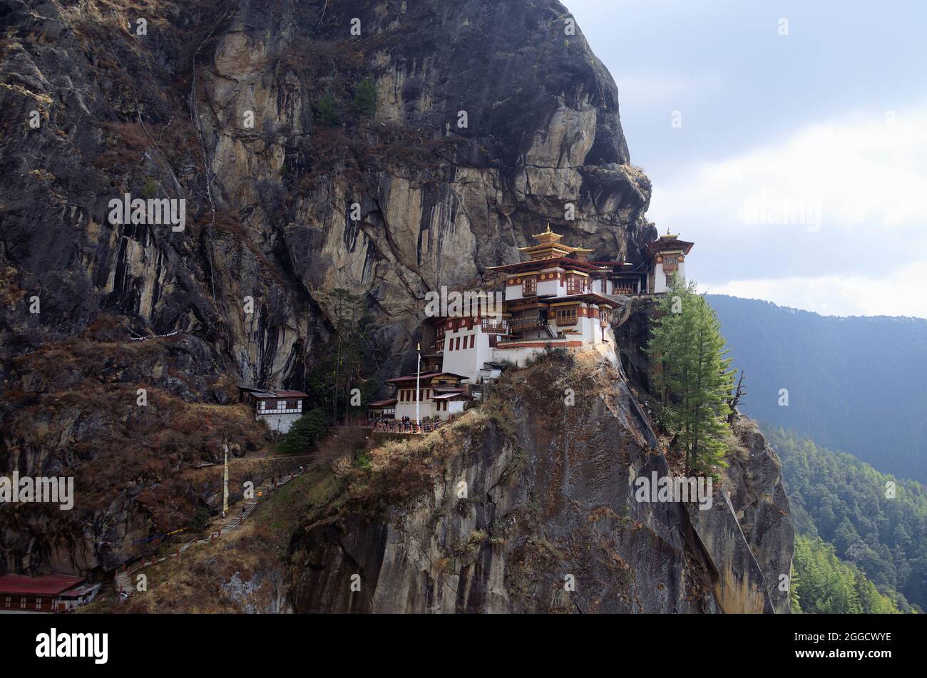 Wide angle view of cliffside showing stairs leading to Paro Taktsang or Tiger's Nest Buddhist Monastery, upper Paro valley, Bhutan Stock Photo
