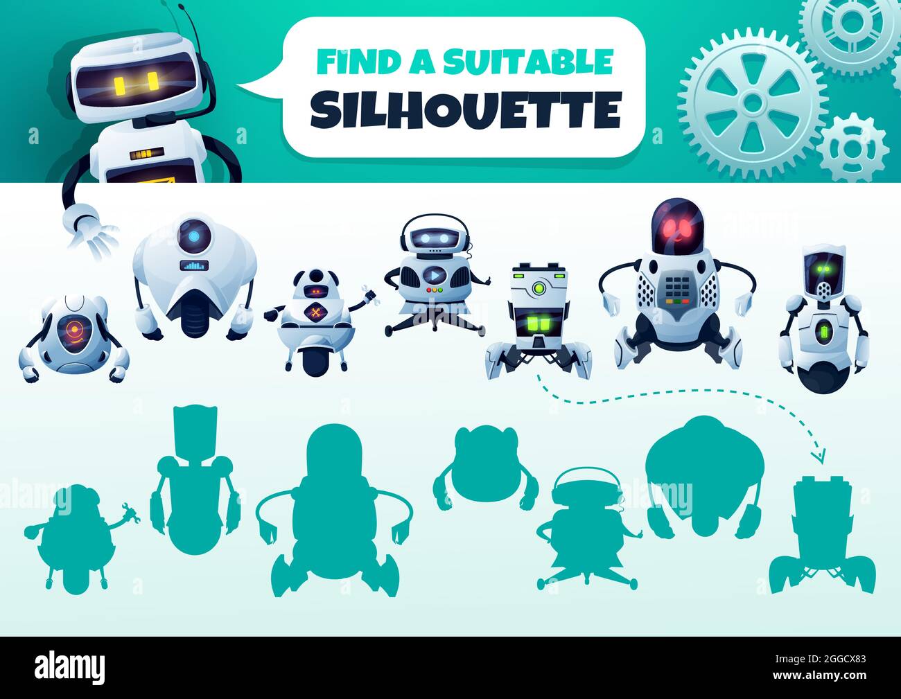 Robot maze game find a correct silhouette. Kids shadow match vector ...