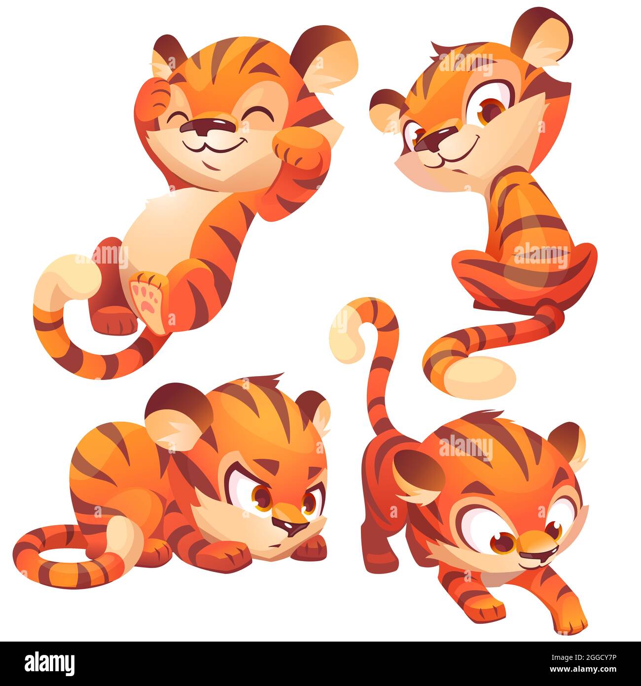 Funny little tiger character in different poses. Vector set of cartoon cute  kitten sitting, sleep, sneaks and hides. Creative emoji set, animal mascot  isolated on white background Stock Vector Image & Art -