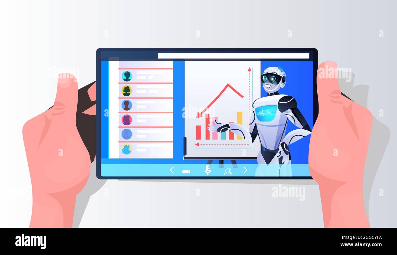 robot analyzing financial statistics data on smartphone screen ...