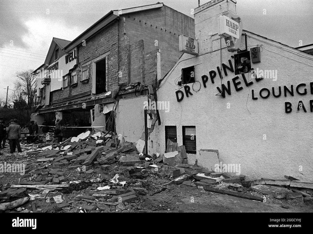 File photo dated 7/12/82 of the scene of the bomb devastation at the Droppin Well pub in Ballykelly. A pension scheme for people severely and permanently injured in Northern Ireland's Troubles through no fault of their own launches on Tuesday. The opening of the Victims Payment Scheme has been hailed as 'a triumph' for campaigners who have been fighting for more than a decade. Issue date: Tuesday August 31, 2021. Stock Photo