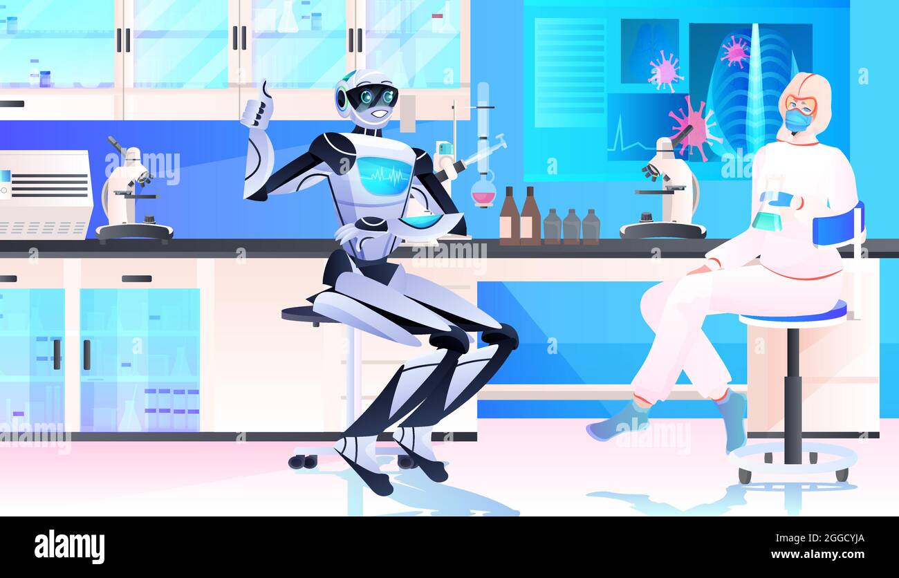 robot with scientist in protective suit making experiments in lab ...