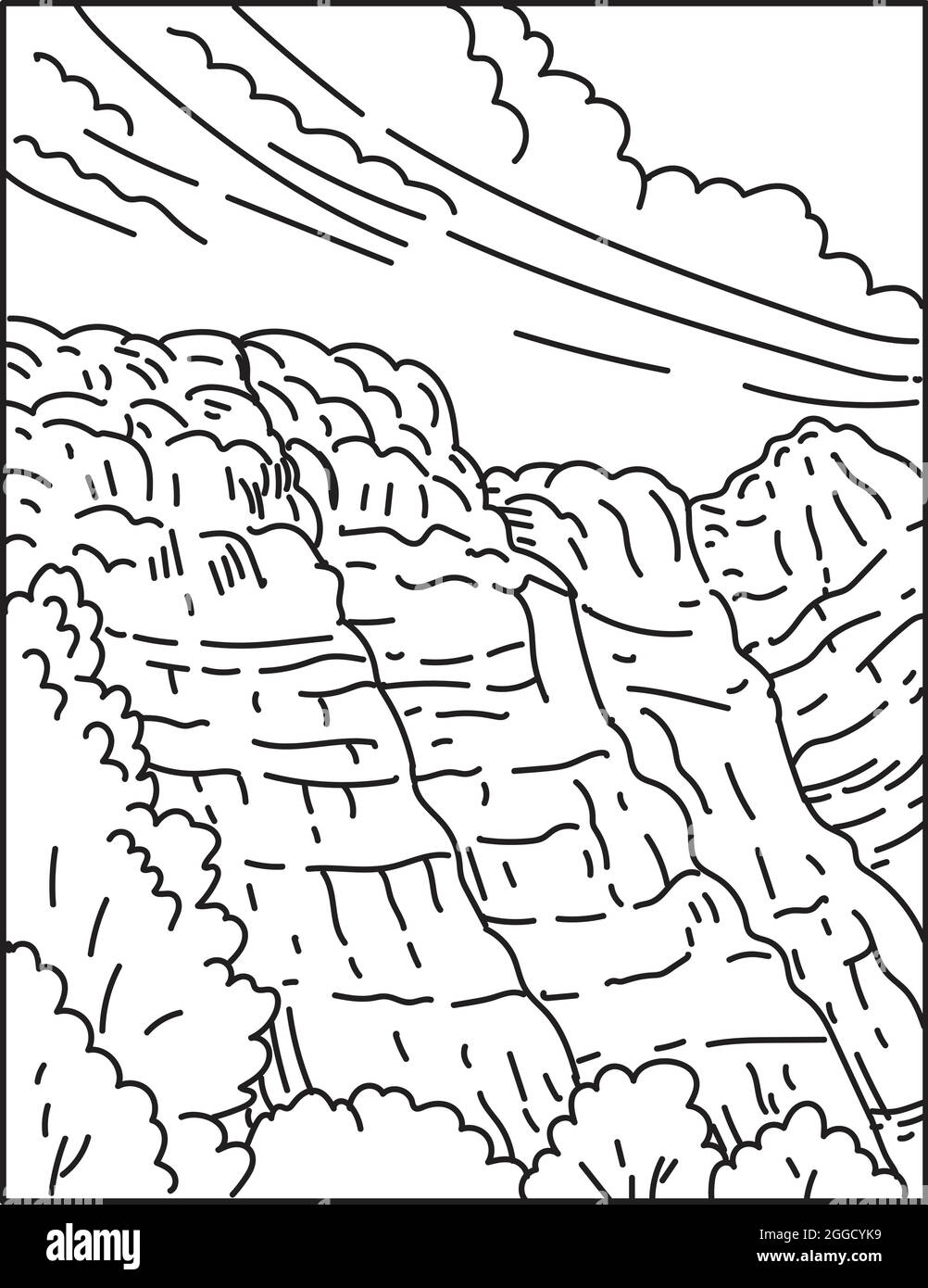 Mono line illustration of Vermilion Cliffs National Monument in northern Coconino County, Arizona USA in retro black and white monoline line art style Stock Vector