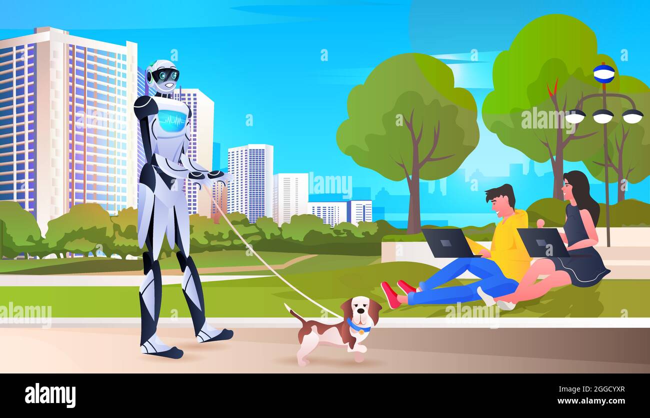 modern robot walking with dog artificial intelligence technology concept public park cityscape background Stock Vector