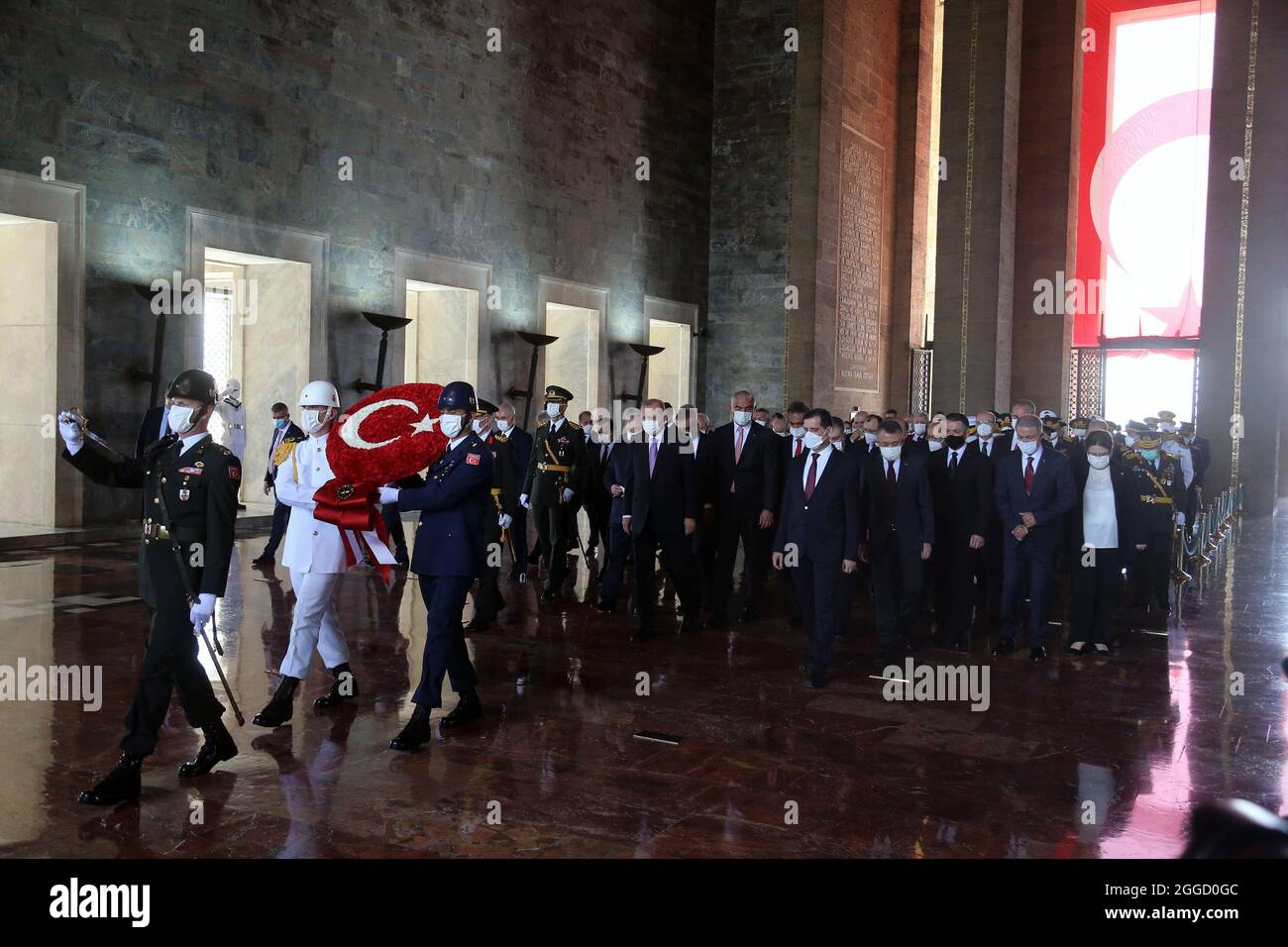 Ankara, Turkey. 30th Aug, 2021. Turkish President Tayyip Erdogan attends a ceremony marking the 99th anniversary of Victory Day at the Ataturk Mausoleum in Ankara, Turkey, on Aug. 30, 2021. Turkey on Monday celebrated the 99th anniversary of Victory Day, the day the Turks defeated the Greek forces at the Battle of Dumlupinar, the final battle of the Turkish War of Independence in 1922. Credit: Mustafa Kaya/Xinhua/Alamy Live News Stock Photo