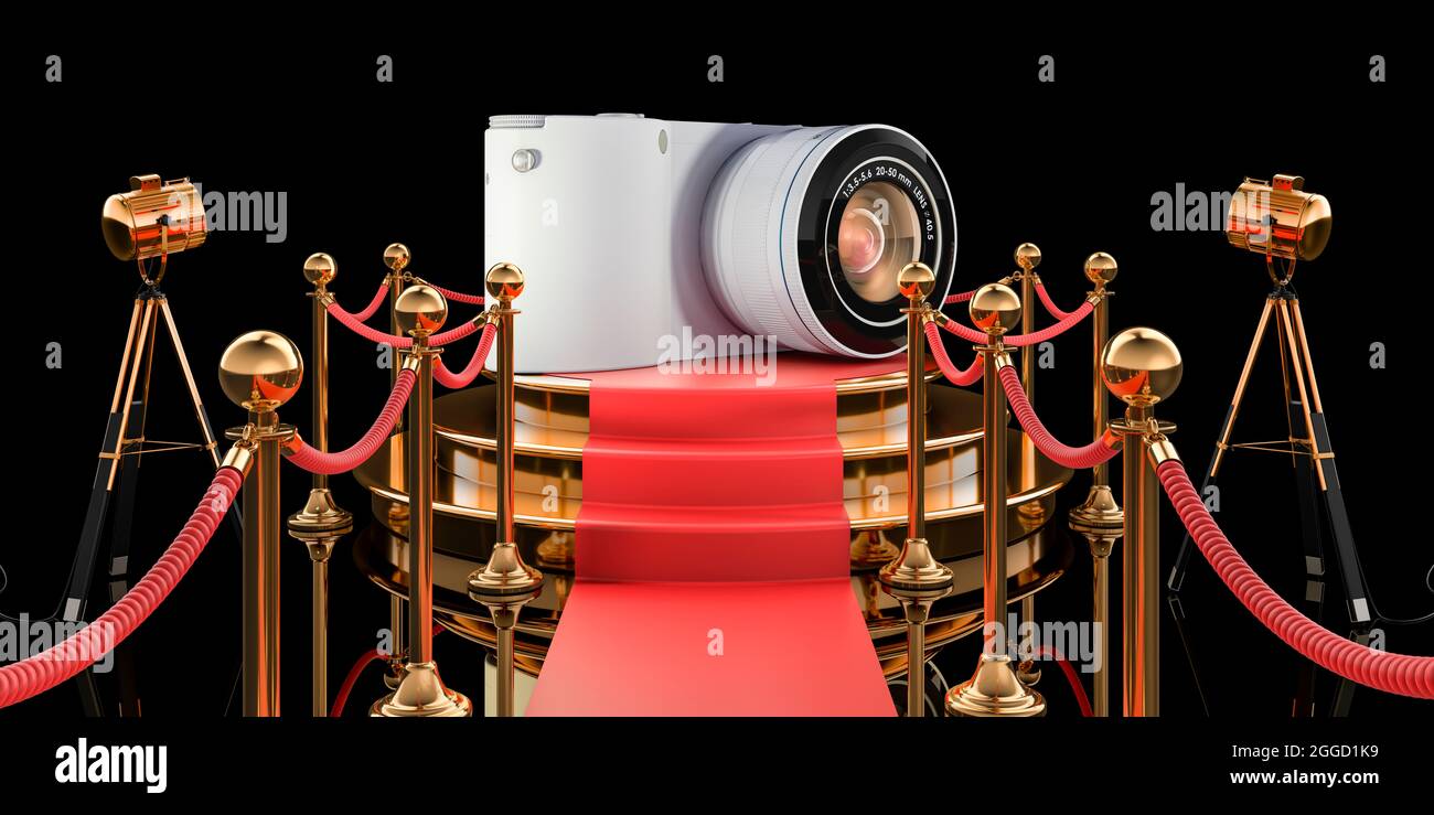 Podium with mirrorless interchangeable-lens camera, 3D rendering ...