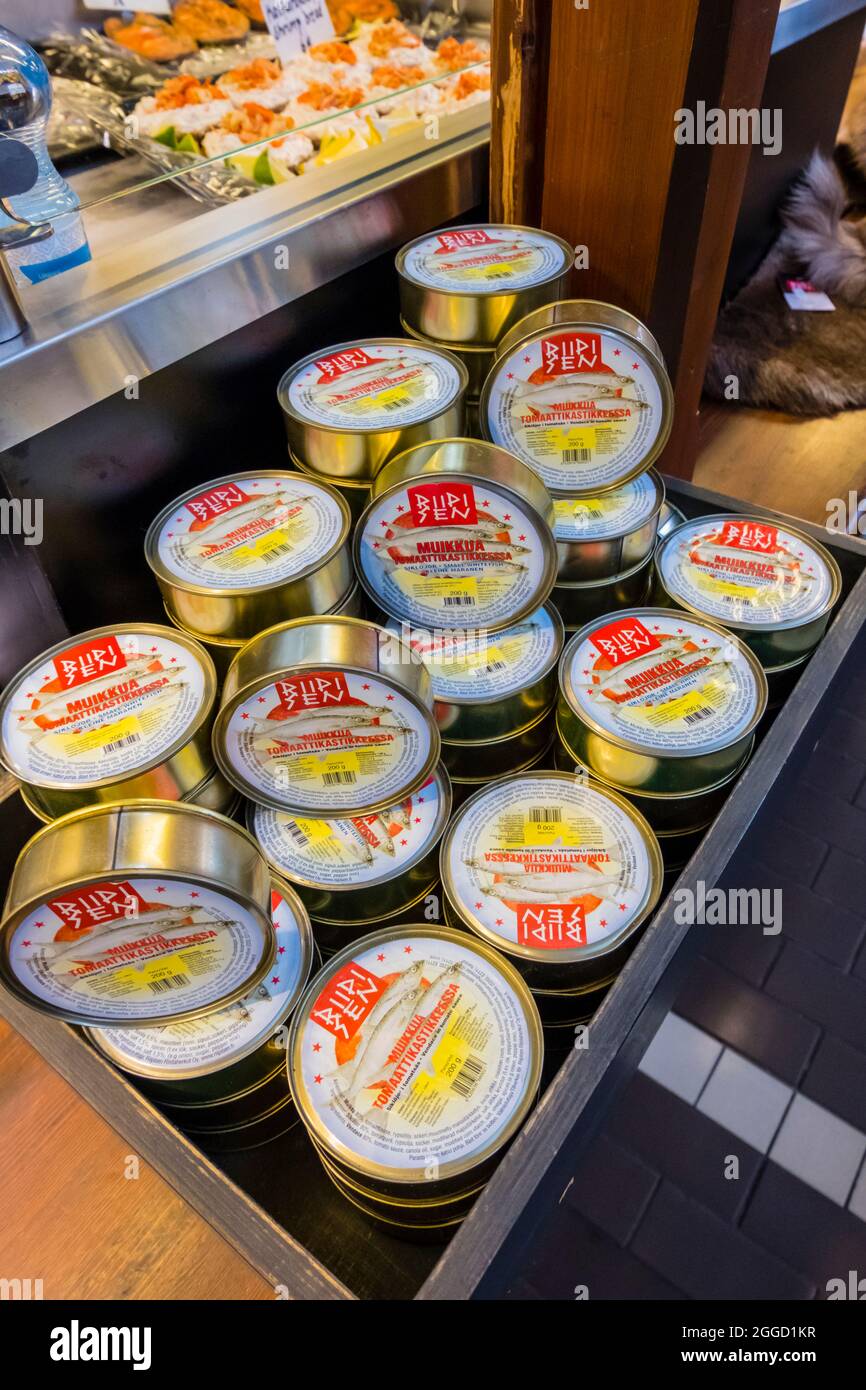 Canned vendice, Vanha Kauppahalli, Eteläranta, Helsinki, Finland Stock Photo