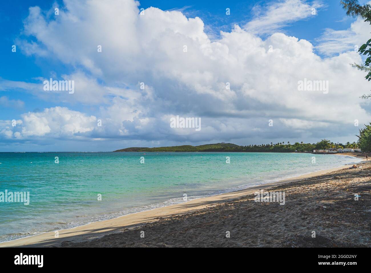 Seven Sea beach in tropical Fajardo Puerto Rico and white puffy clouds Stock Photo