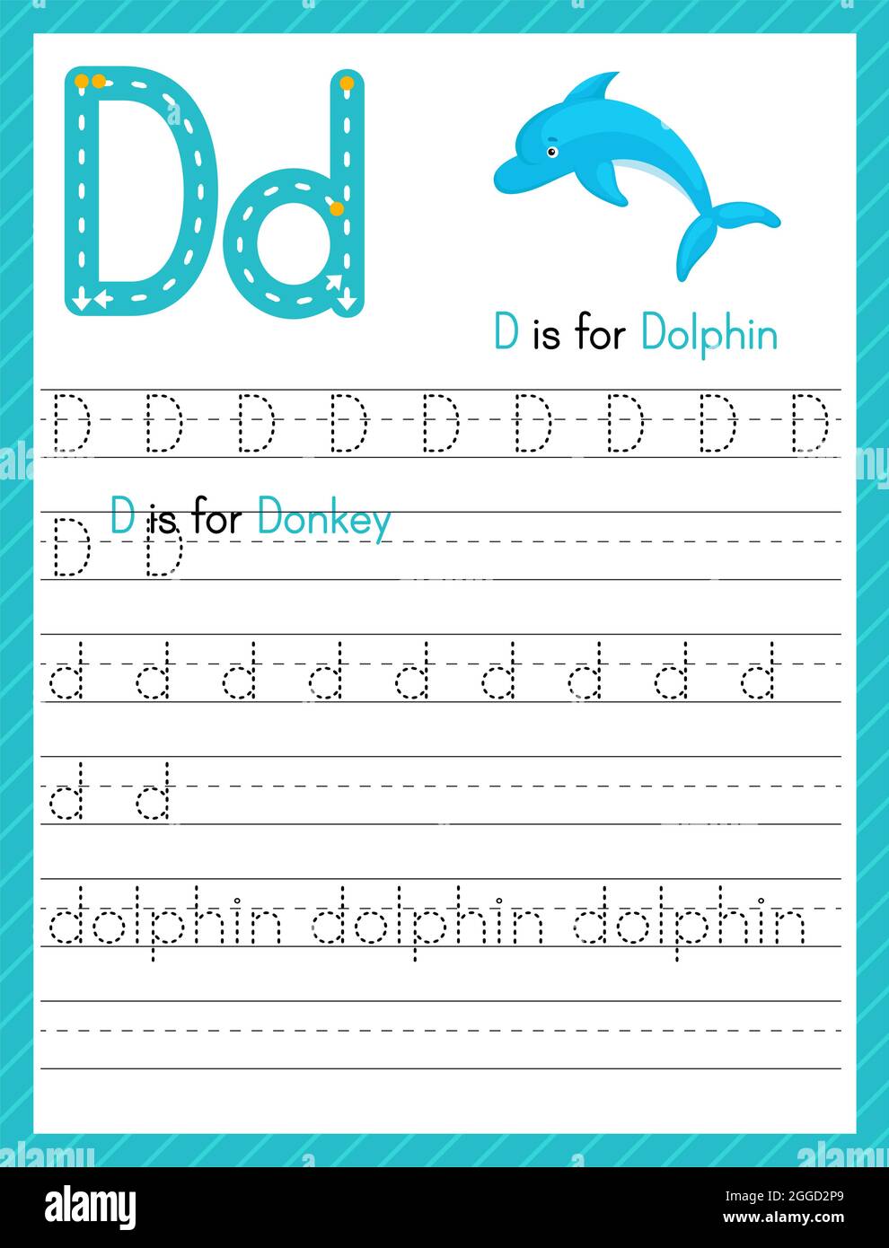 trace letter d uppercase and lowercase alphabet tracing practice preschool worksheet for kids learning english with cute cartoon animal activity pag stock vector image art alamy