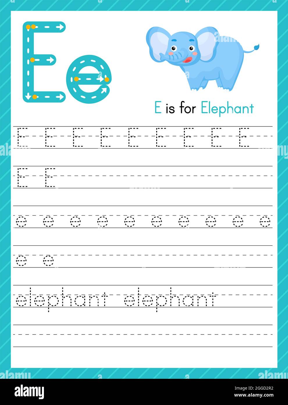 trace letter e uppercase and lowercase alphabet tracing practice preschool worksheet for kids learning english with cute cartoon animal activity pag stock vector image art alamy
