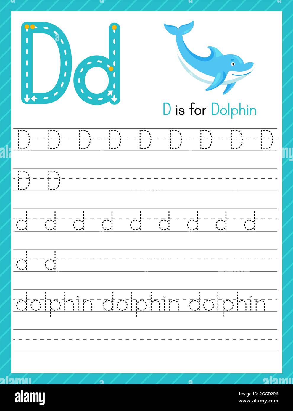 trace letter d uppercase and lowercase alphabet tracing practice preschool worksheet for kids learning english with cute cartoon animal activity pag stock vector image art alamy