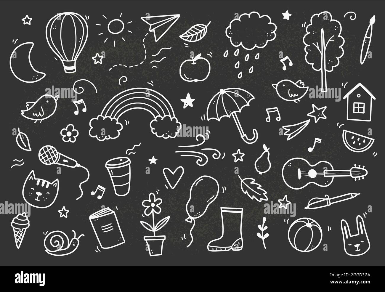 Cute chalkboard doodle with cloud, rainbow, sun, animal element. Hand