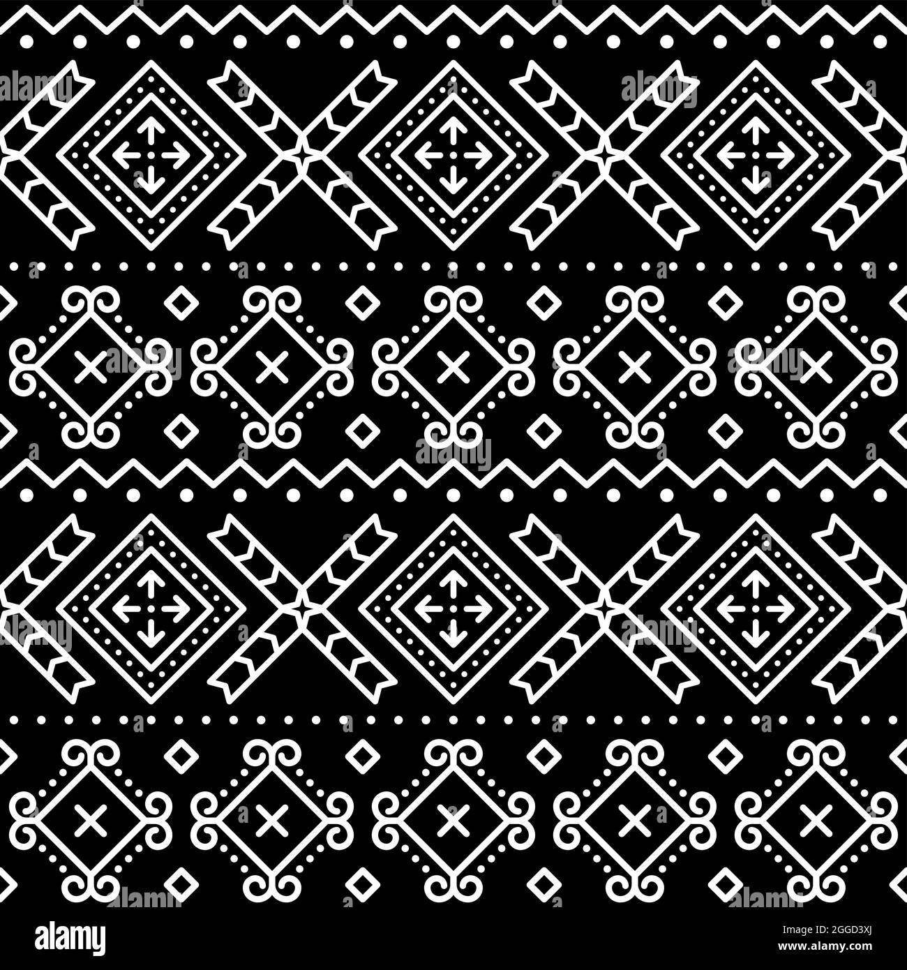 Slovak tribal style folk art vector seamless geometric pattern, ethnic ornament inspired by traditional painted houses from village Cicmany in Zilina Stock Vector