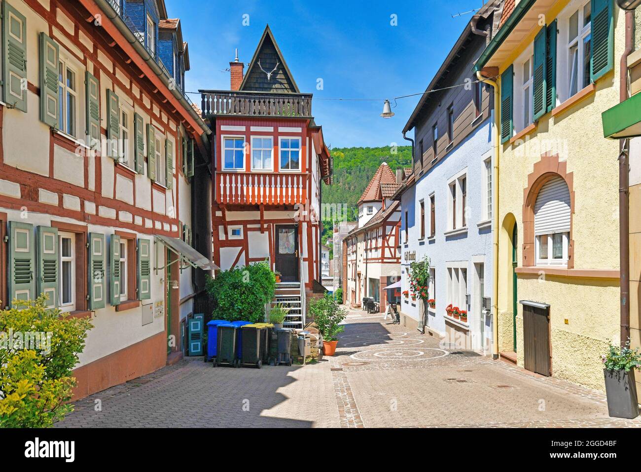 Mosbach, Germany - June 2021: Very narrow timber-framed house in historic town center Stock Photo