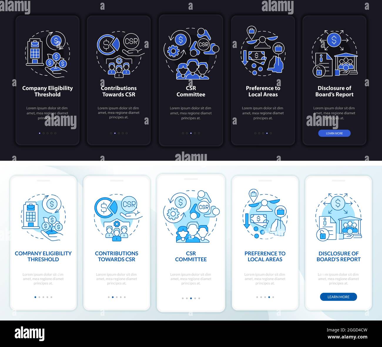 CSR basics dark and light onboarding mobile app page screen Stock Vector