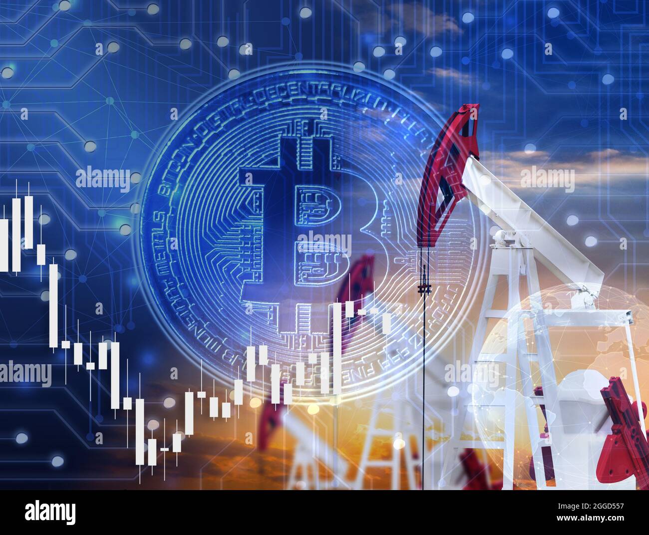 Bitcoin and oil rigs hologram, cryptocurrency and oil course concept Stock  Photo - Alamy