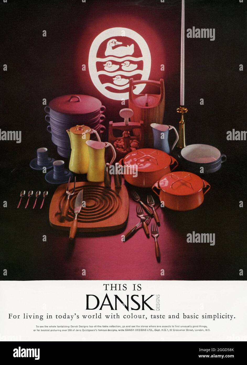 A 1960s advert for stylish, Danish tablewear and cutlery made by Dansk Designs. The advert appeared in a magazine published in the UK in October 1962. The photograph shows the range of products produced – from stainless steel cutlery, wooden kitchenware, ceramic coffee sets to enamelled cast-iron cookware. Dansk was founded in 1954 by principal designer Jens Quistgaard. Together with Ted Nierenberg, he formed Dansk Designs. By 1956, the now-famous Fjord Flatware line was being sold in American stores – vintage 1960s graphics. Stock Photo