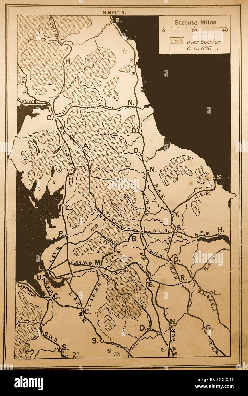A 1914 map showing railways in Northern England at that time. their routes and principal stations. Stock Photo
